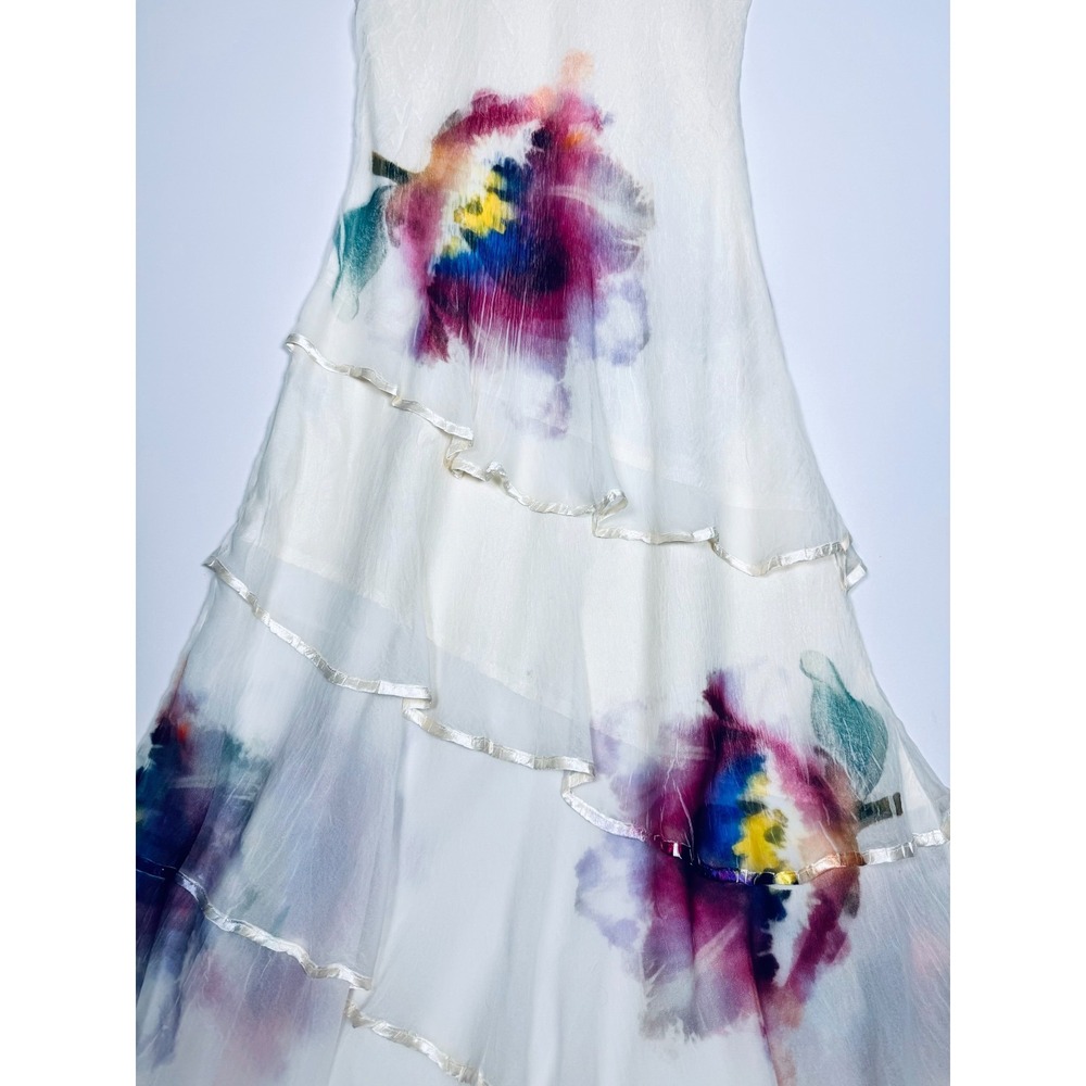 Komarov Dress Small Ivory Watercolor Floral Tiered Ruffle Midi Crinkle USA Made - Picture 7 of 16